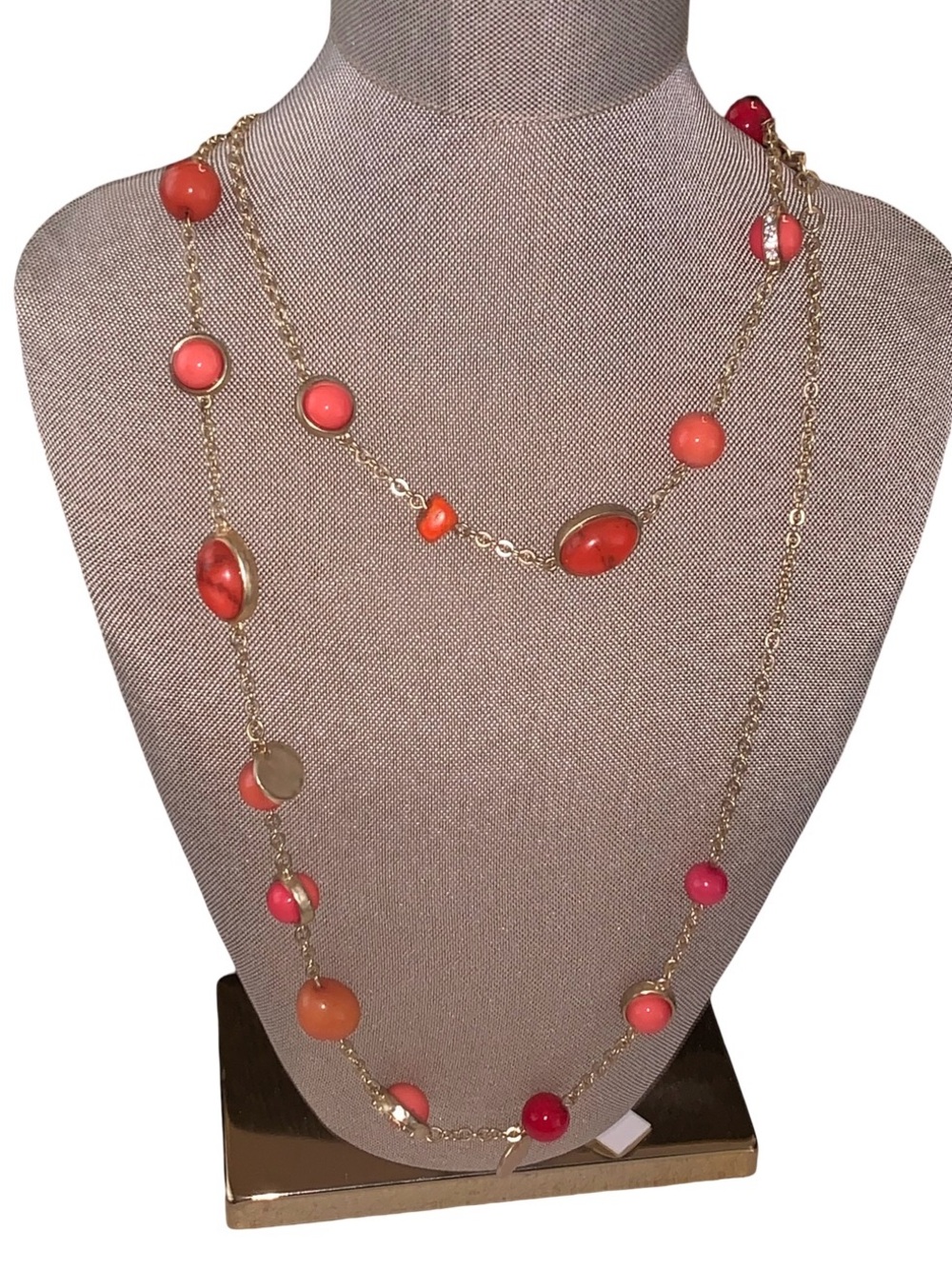 Chico’s Boho Pink Peach Beaded Chain Dangle Statement Long Necklace